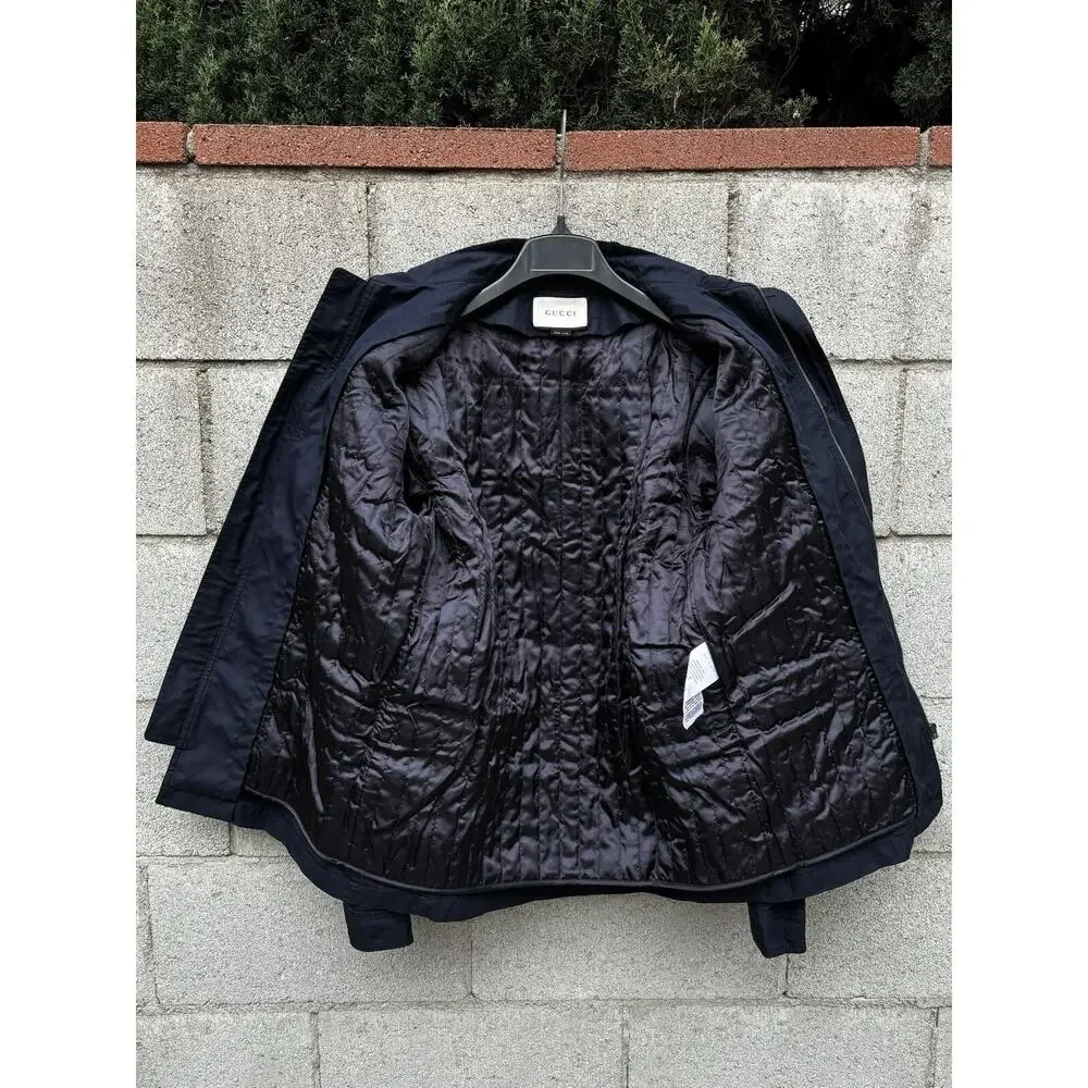 GUCCI Cotton Blend Leather Washed Gabardine Jacket Blue Sz 48 US 38